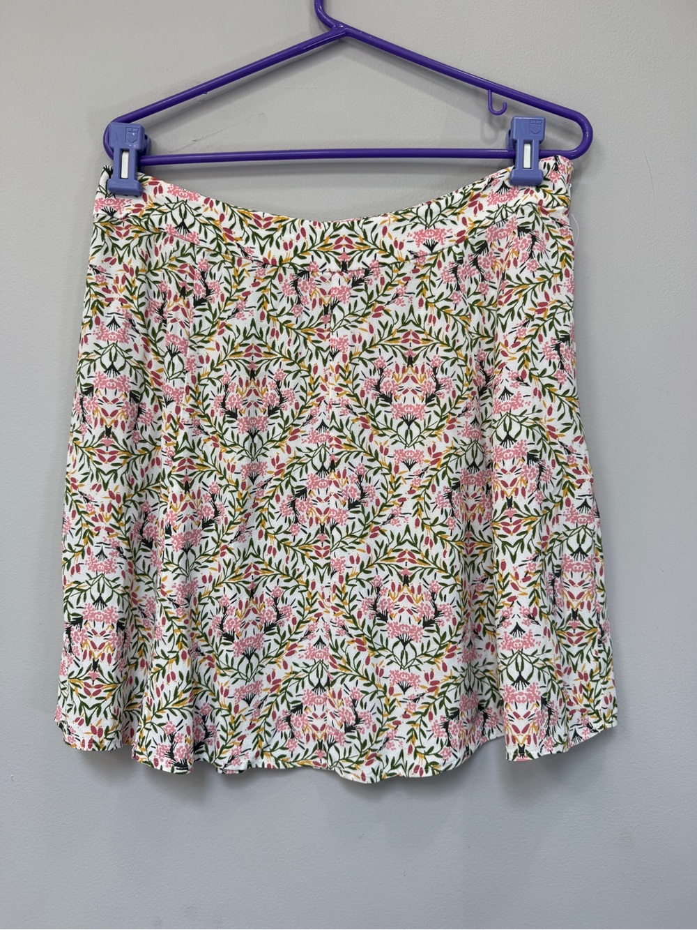 LOFT Pink Floral Circle Skirt with Green Leaf Motif